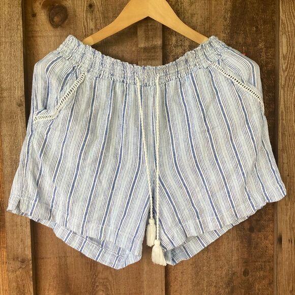 Briggs Linen Blend Striped Tassel Cord Drawstring Waist Shorts - Picture 2 of 8
